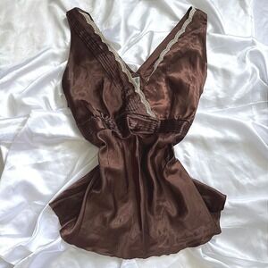 Duo Maternity Brown Satin Lace Trim Surplice Empire Waist Camisole Top Large
